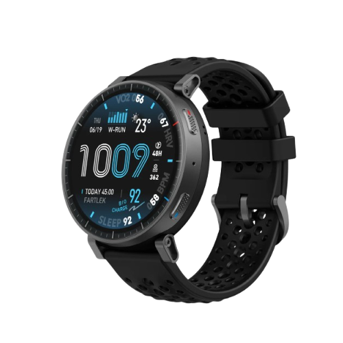 Black sports smartwatch with perforated band displaying time, date, weather, heart rate, steps, and sleep metrics on a blue-themed digital interface.