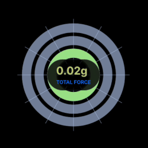 Digital gauge showing total force at 0.02g with concentric circular rings and radial lines on a black background.